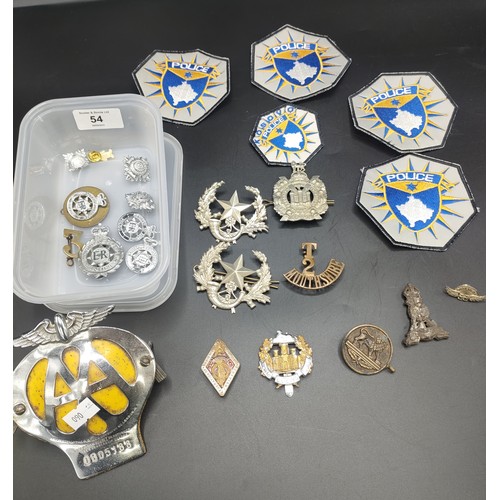 54 - Two boxes of military cap badges, AA car badge and police patches.