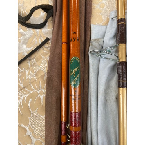 69 - The 'Ayr' hollow class fly fishing rod and Olympic 2080 8ft spinning rod and bags