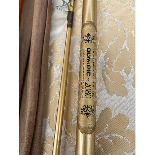 69 - The 'Ayr' hollow class fly fishing rod and Olympic 2080 8ft spinning rod and bags