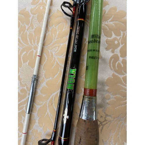 71 - Milbro Beachcomber rod, Fisheagle Hulk Boat rod, Silstar fishing rod and shakespeare spinning rod an... 