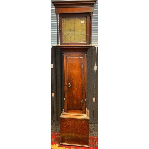 83 - 18th/ 19th century Brass face and oak cased grandfather clock, Name engraved to front of face- James... 