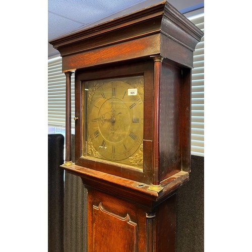 83 - 18th/ 19th century Brass face and oak cased grandfather clock, Name engraved to front of face- James... 