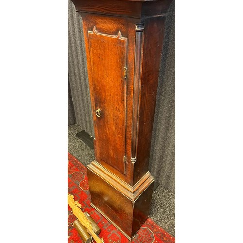 83 - 18th/ 19th century Brass face and oak cased grandfather clock, Name engraved to front of face- James... 