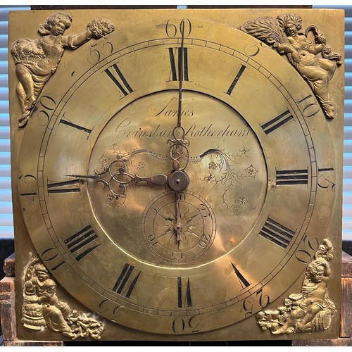 83 - 18th/ 19th century Brass face and oak cased grandfather clock, Name engraved to front of face- James... 