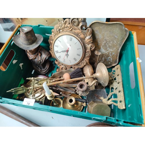 78 - Box containing brass ware, John Wayne bust, gilt framed wall clock and a copper bed warmer