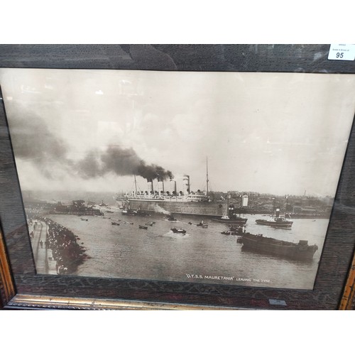 95 - Large framed photograph titled 'Q.T.S.S. Mauretania' Leaving the Tyne and an antique framed military... 