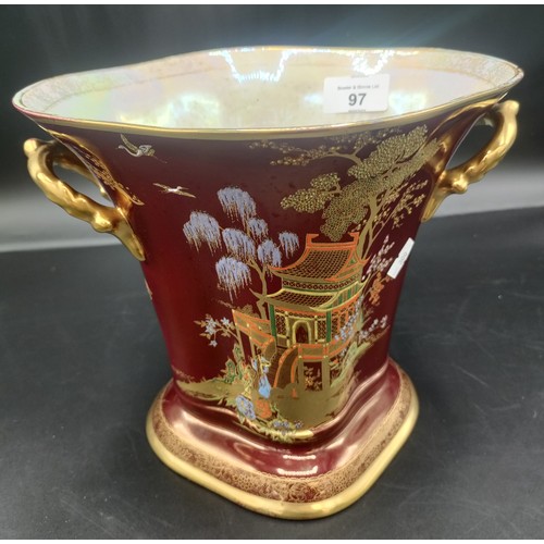 97 - Art deco twin handled Carlton Ware W&R Stoke on Trent vase, red ground with Pagoda pattern 20cm in h... 