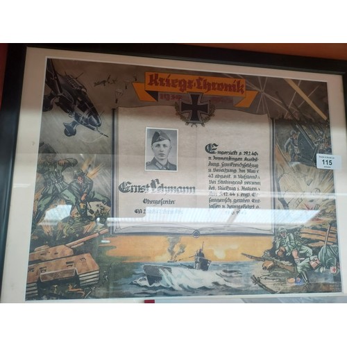 115 - A German soldiers framed service print, military photograph and two books titled Hitlerjugend and Mi... 