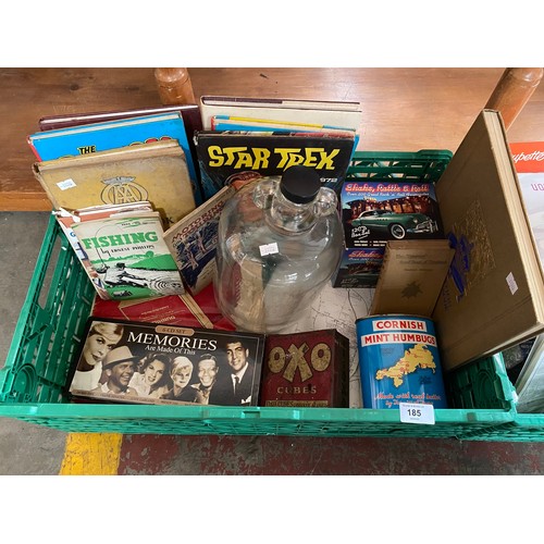 185 - 2 Boxes of vintage annuals to include Star trek, Vintage AA Annual, and collectable tins along with ... 