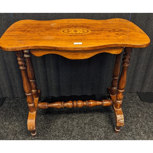 236 - 19th century side table, the shaped top with marquetry inlay, above shaped apron sides, raised on tu... 