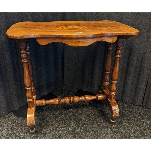 236 - 19th century side table, the shaped top with marquetry inlay, above shaped apron sides, raised on tu... 