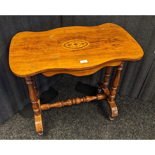 236 - 19th century side table, the shaped top with marquetry inlay, above shaped apron sides, raised on tu... 