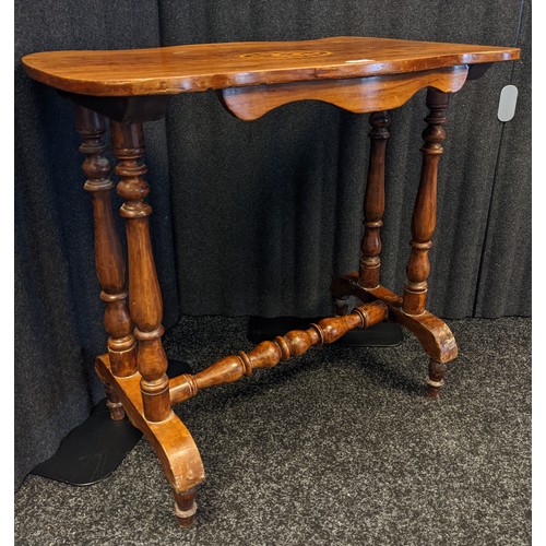 236 - 19th century side table, the shaped top with marquetry inlay, above shaped apron sides, raised on tu... 