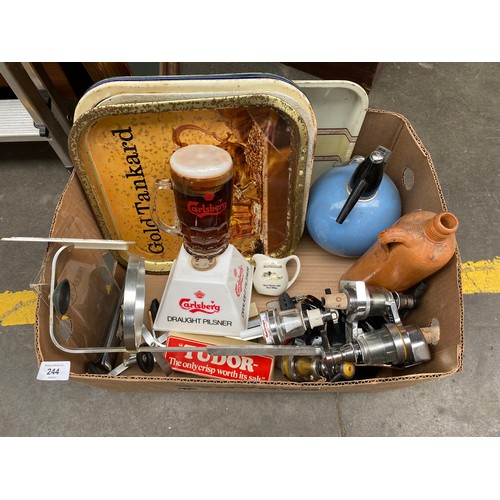 244 - A box of Bar optics and bar trays and other pub items