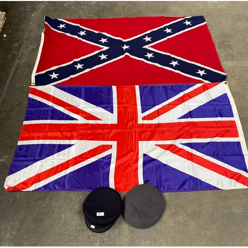 250 - US Confederate flag, Great Britain flag along with Navy Cap and Armed forces beret