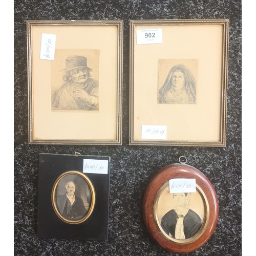 902 - Two framed etchings by J.Chalon dated 1789 along with two framed portraits.