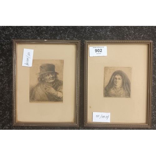 902 - Two framed etchings by J.Chalon dated 1789 along with two framed portraits.