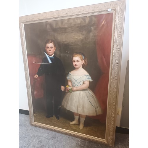 905 - Large 19th Century oil painting of a young boy and girl within a moulded frame, unsigned.
[127x100cm... 