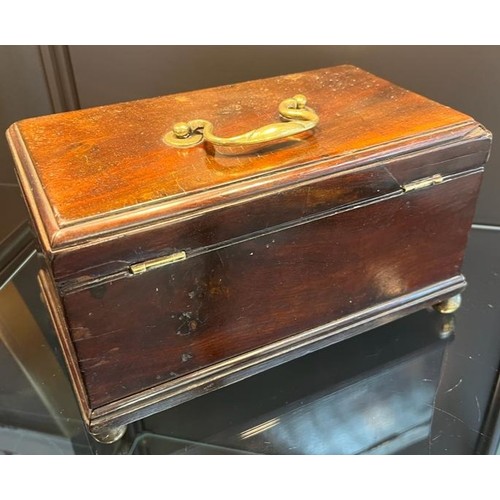 823 - 19th century mahogany lidded storage box, brass swing handle to lid and sat upon four brass bun feet... 