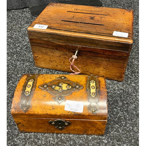 832 - 19th century Burr walnut and metal bound dome top box. Together with a 19th century rose wood box wi... 