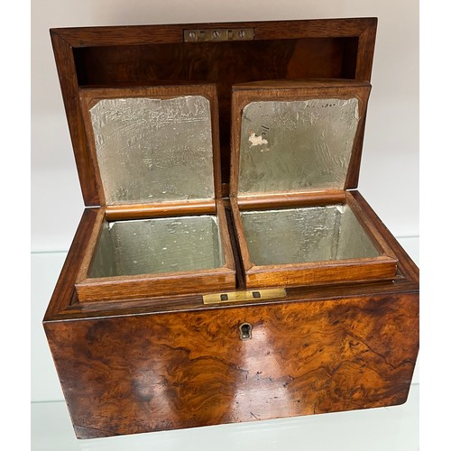 831 - 19th century burr walnut dome top tea caddy with removable lidded preserves. [17x23x13cm]