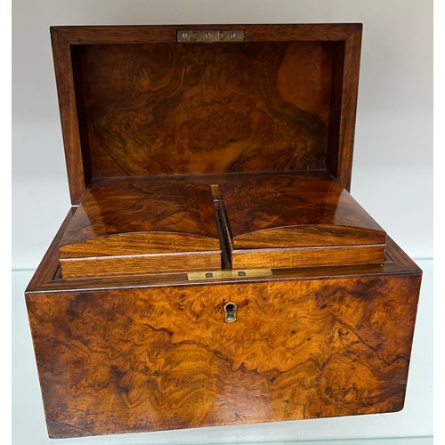 831 - 19th century burr walnut dome top tea caddy with removable lidded preserves. [17x23x13cm]