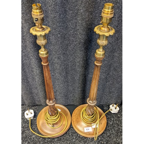 834 - Pair of George III style table lamps, walnut and brass, standing 62 cm high.