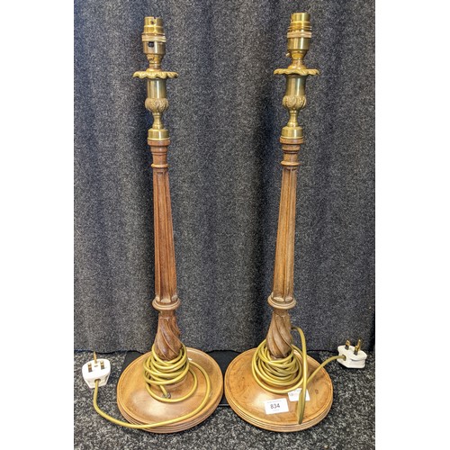 834 - Pair of George III style table lamps, walnut and brass, standing 62 cm high.