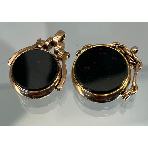 725 - Two 9ct gold swivel fob seals fitted with Blood stones and red agate.