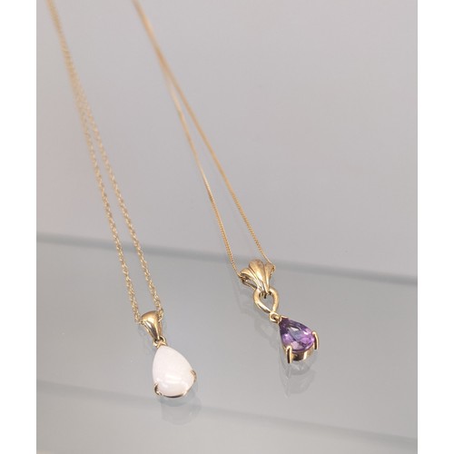 734 - Two 9ct yellow gold chains and pendant; 9ct yellow gold and Amethyst stone pendant and 9ct yellow go... 