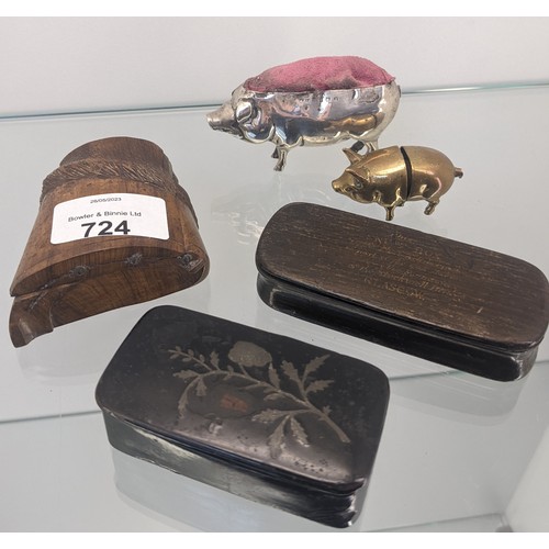 724 - Three various antique snuff boxes- one in the form of a horse hoof. Together with a silver pig pin c... 