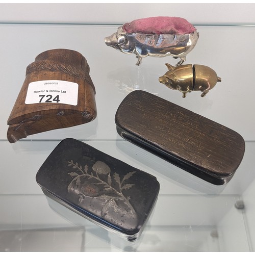 724 - Three various antique snuff boxes- one in the form of a horse hoof. Together with a silver pig pin c... 