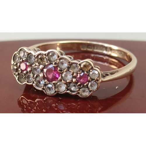 740 - Birmingham 9ct yellow gold ladies ring set with pink and white stone cluster. [Ring size L] [1.76Gra... 