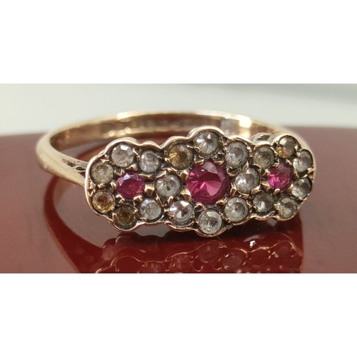 740 - Birmingham 9ct yellow gold ladies ring set with pink and white stone cluster. [Ring size L] [1.76Gra... 