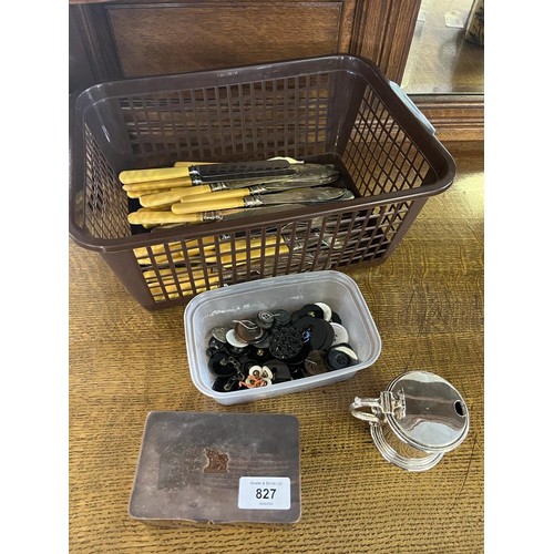 827 - A basket of loose silver plated flatwares, Tub of vintage buttons, Silver plated cigar box and musta... 