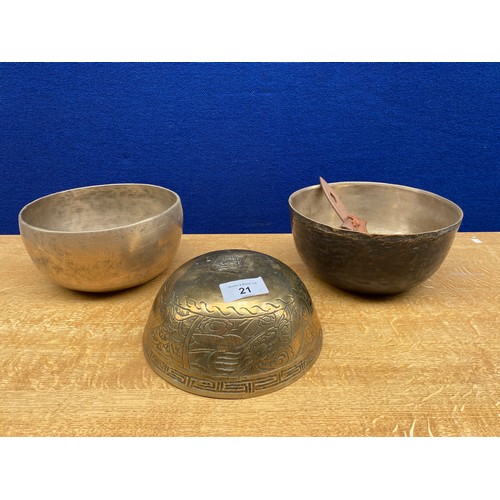 21 - A Collection of Oriental brass bowls along with oriental Geisha girl instrument