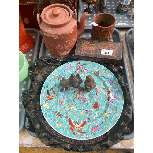 341 - A Tray of oriental ware includes chinese early paint brush holder and clay tea pot