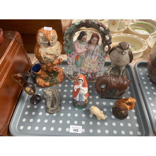 342 - A Tray of collectables includes Staffordshire victorian flat back figures and slip ware style owl fi... 