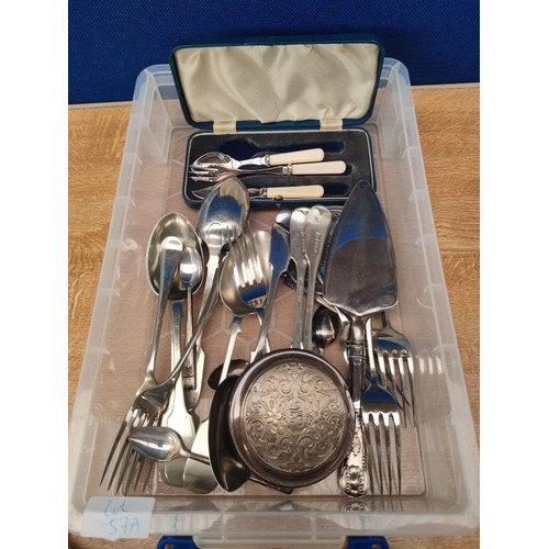 57A - A Selection of silver plated flatwares and silver lid and spoon.