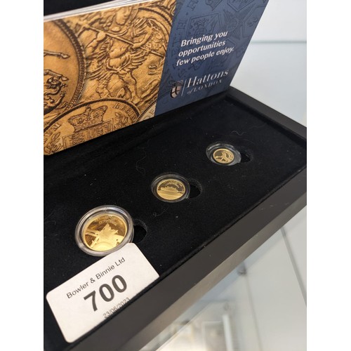 700A - Hattons of London boxed set of three 22ct gold coins. '2021 We Will Remember Them Sovereign Fraction... 