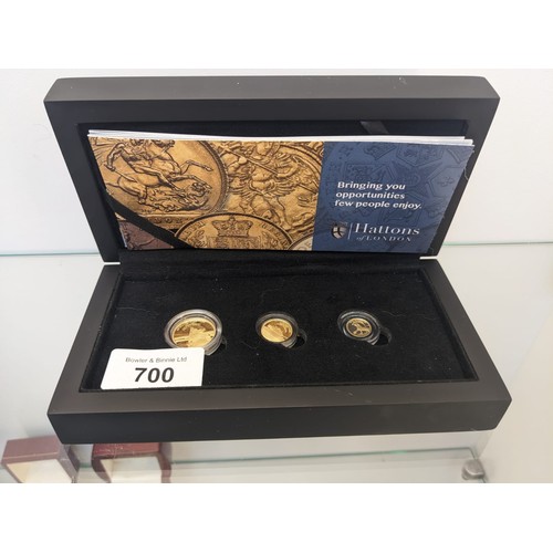 700A - Hattons of London boxed set of three 22ct gold coins. '2021 We Will Remember Them Sovereign Fraction... 