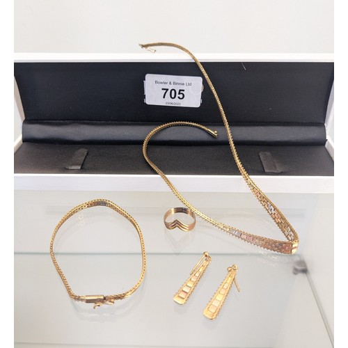 705 - Ladies four piece 9ct gold three tone necklace, bracelet, ring and earring set. [18.29grams]