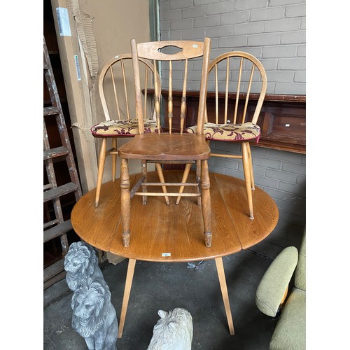 80 - Vintage Ercol light elm drop leaf table, Two lightwood elm wood ercol chairs and one single chair.