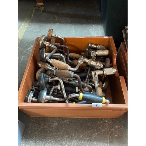 91 - Drawer full of hand crank drill braces; Stanley & Skinner.