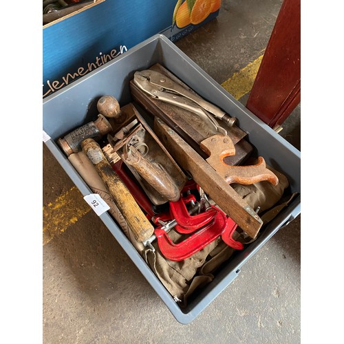 92 - Small crate of vintage tools; Stanley Plane, Small clamps and saws.