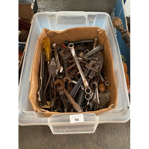 94 - A Plastic box full of spanners, adjustable spanners and pliers; Record, King Dick and Britool.