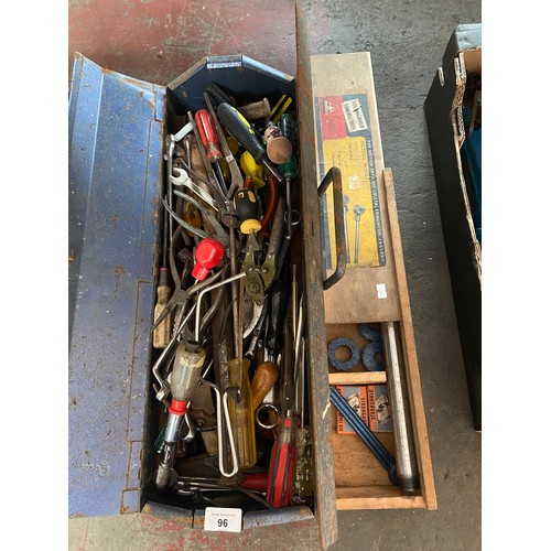 96 - Metal tool box filled with mixed tools; spanners, screw drivers and pliers. Also comes with Tap & Di... 