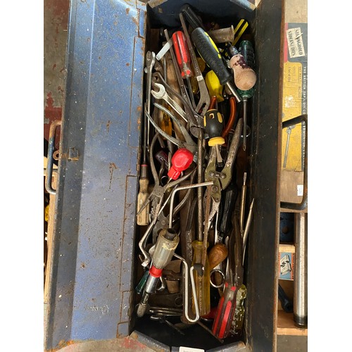 96 - Metal tool box filled with mixed tools; spanners, screw drivers and pliers. Also comes with Tap & Di... 