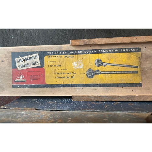 96 - Metal tool box filled with mixed tools; spanners, screw drivers and pliers. Also comes with Tap & Di... 