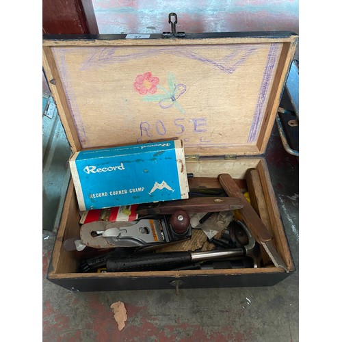 97 - Vintage wooden tool box containing Tauris joiners planer, Record Corner clamp and various spirit lev... 